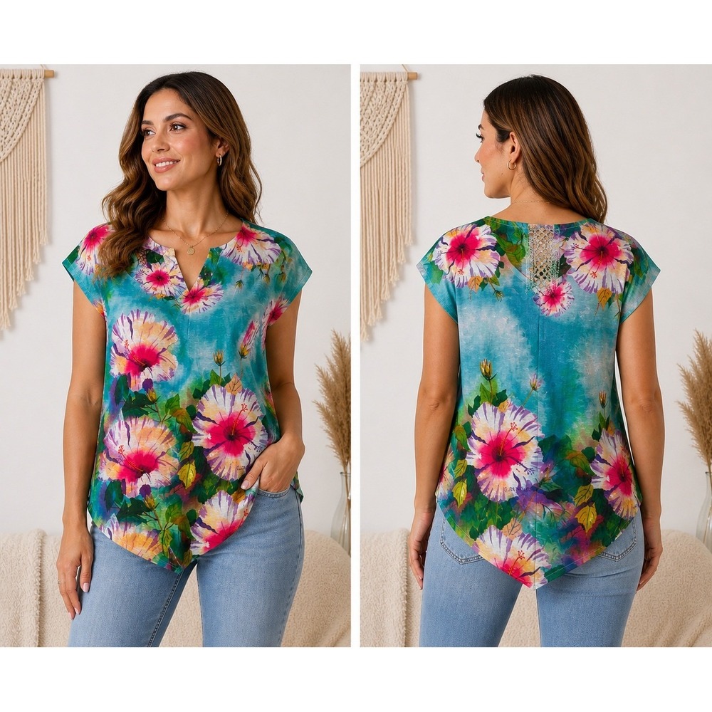 Ellen Negley Top Women Tropical Hibiscus Floral Rhinestone Sharkbite Hem XXL